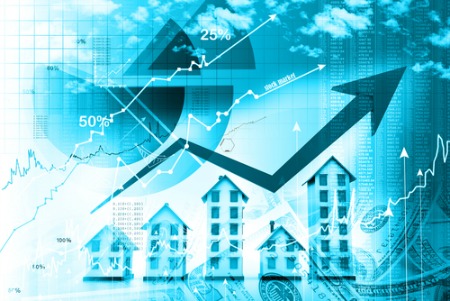 real estate market report concept with houses and upward arrow